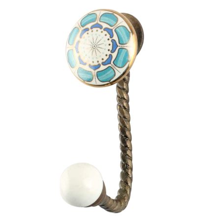 Turquoise Flower Ceramic Wall Hook in Antique Fitting
